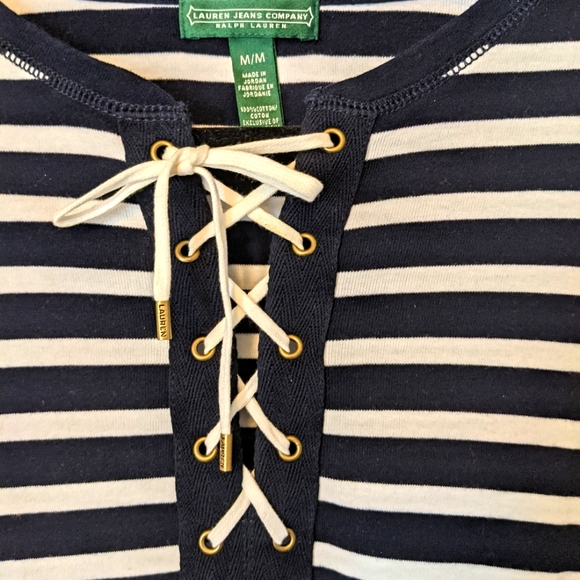 Ralph Lauren Navy and White Striped 3/4 Sleeve Lace Tie Neckline Top - Picture 5 of 5